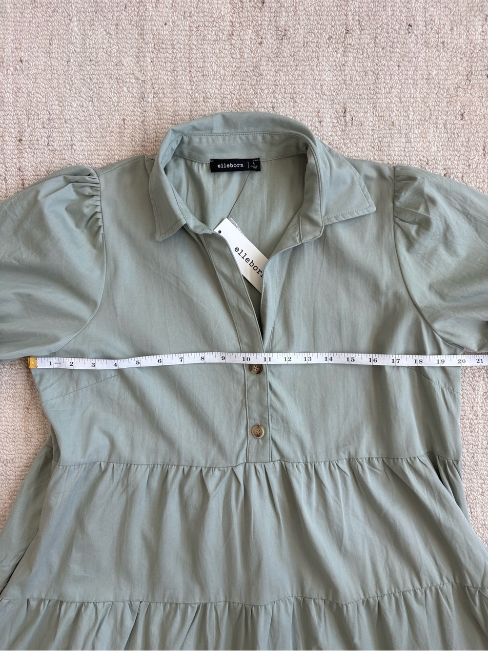 PinkBlush Elleborn Sage Green Tiered Dress Puff Sleeve Collared Button L NWT - Picture 9 of 12